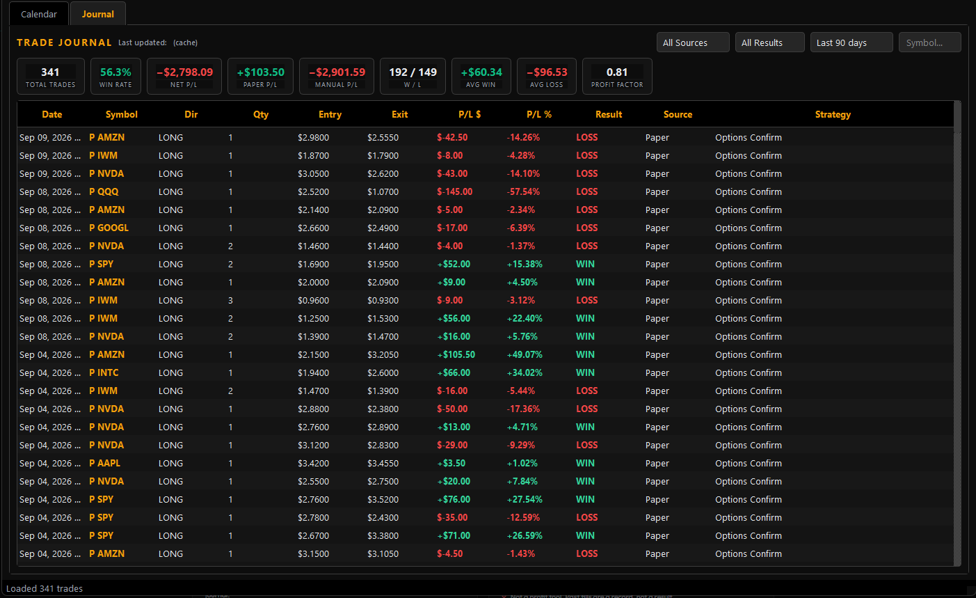 DennTech Trade Journal fill list on Windows — timestamped past fills